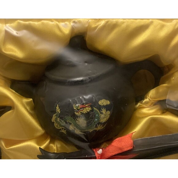 Japanese Dark Ceramic Raku Teacups and Saucers w Dragon Transferware Tea Set. - Picture 3 of 5